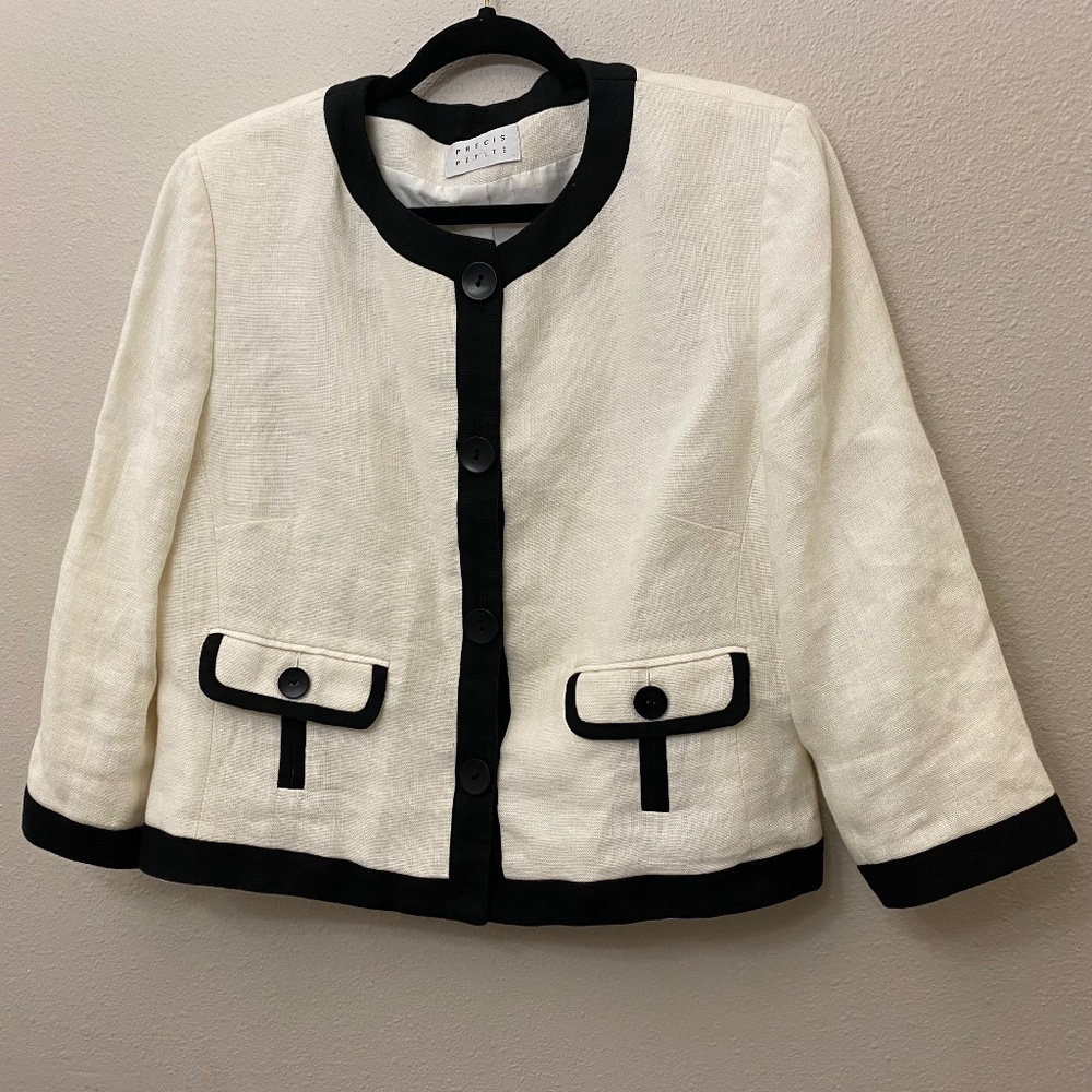 Vintage Precis Petite White and Black 100% Linen Blazer Jacket